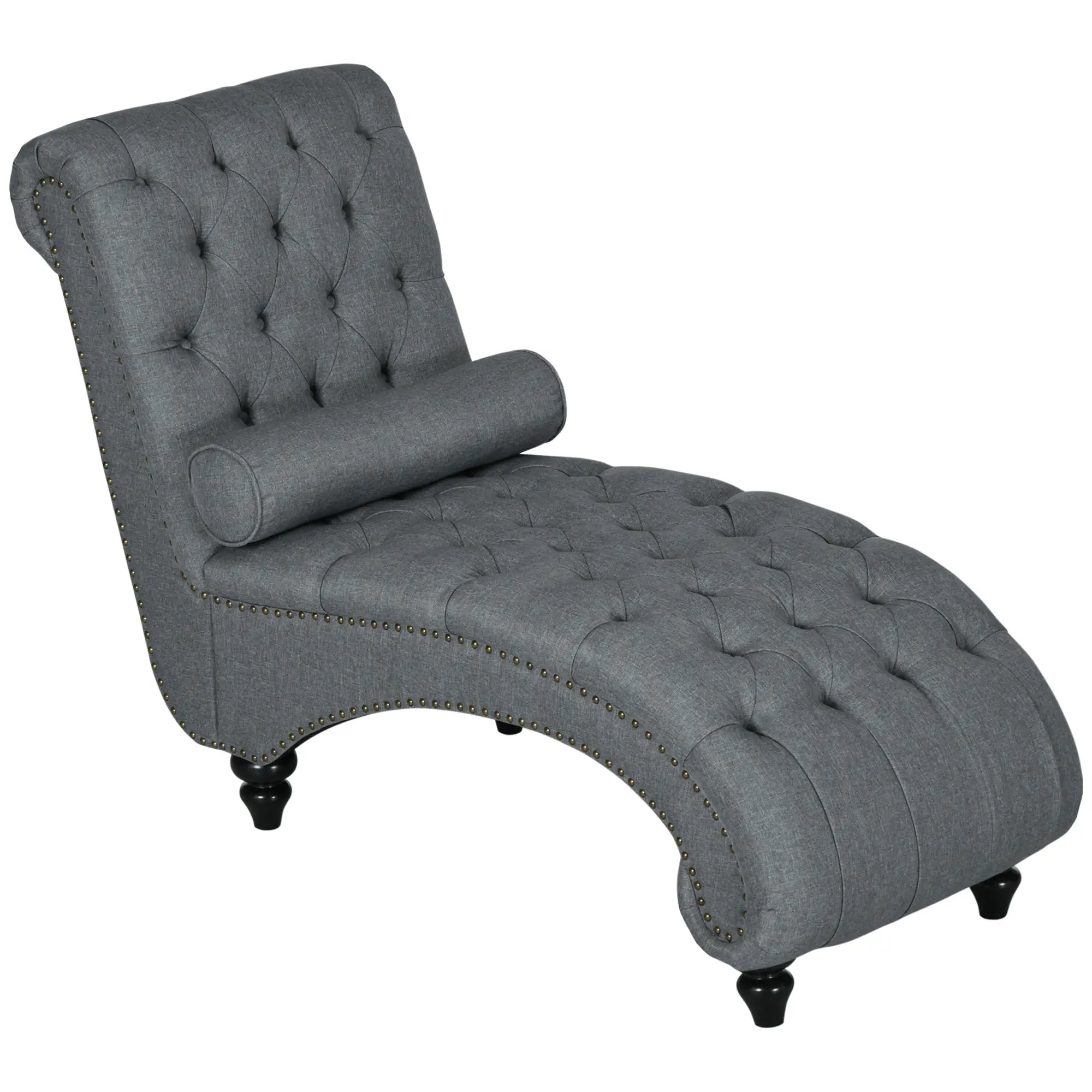 Button Tufted Chaise Lounge Chair, Upholstered with Bolster Pillow, Wood Legs, Nailhead Trim, Grey Single Sofas at Gallery Canada