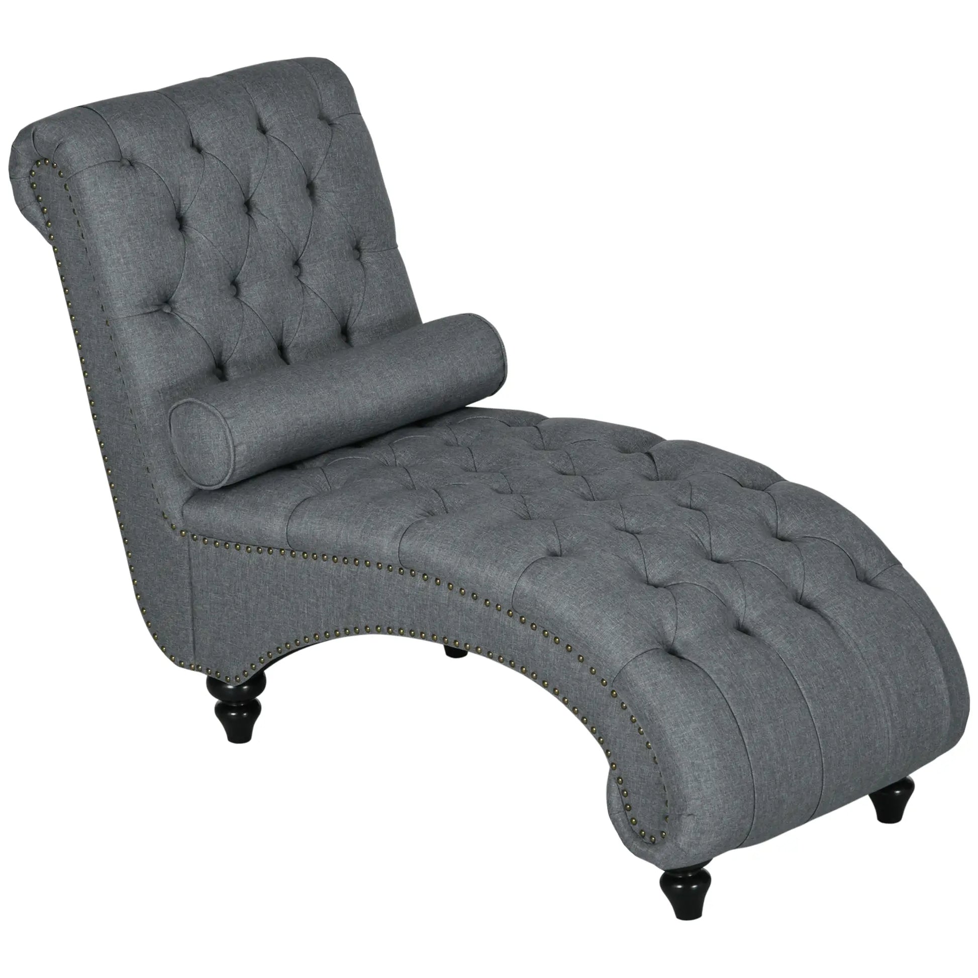 Button Tufted Chaise Lounge Chair, Upholstered with Bolster Pillow, Wood Legs, Nailhead Trim, Grey Single Sofas at Gallery Canada