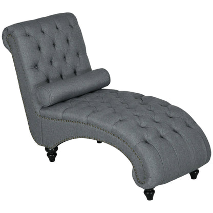 Button Tufted Chaise Lounge Chair, Upholstered with Bolster Pillow, Wood Legs, Nailhead Trim, Grey Single Sofas at Gallery Canada