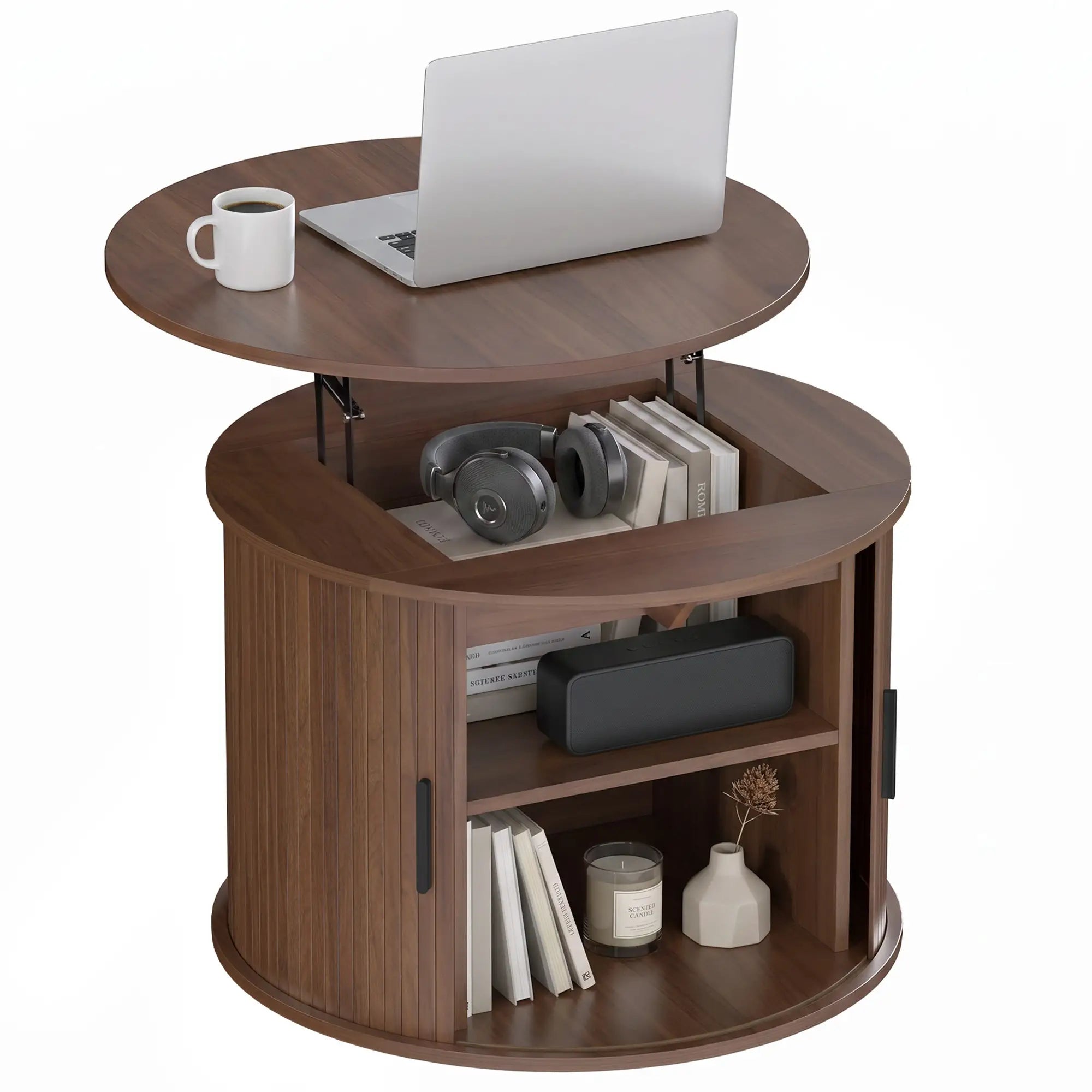 Lift Top Coffee Table, Round, Storage, Sliding Door, Walnut Brown Coffee Tables Multi Colour at Gallery Canada