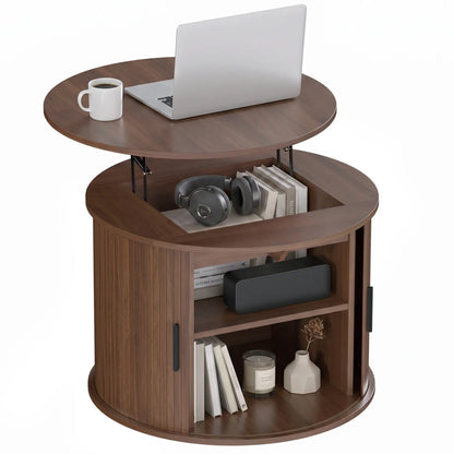 Lift Top Coffee Table, Round, Storage, Sliding Door, Walnut Brown Coffee Tables Multi Colour at Gallery Canada