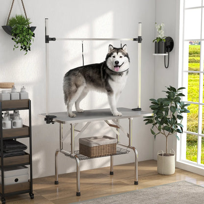 Adjustable Dog Grooming Table, 2 Safety Slings, Storage Basket, Grey Dog Grooming Tables at Gallery Canada