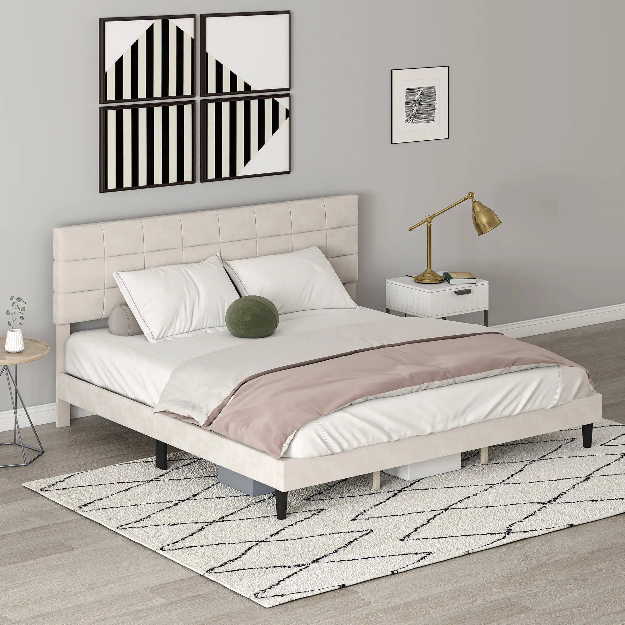 King Size Bed Frame, Upholstered Headboard, Wood Slats, 1100 lbs, Cream Bed Frames at Gallery Canada