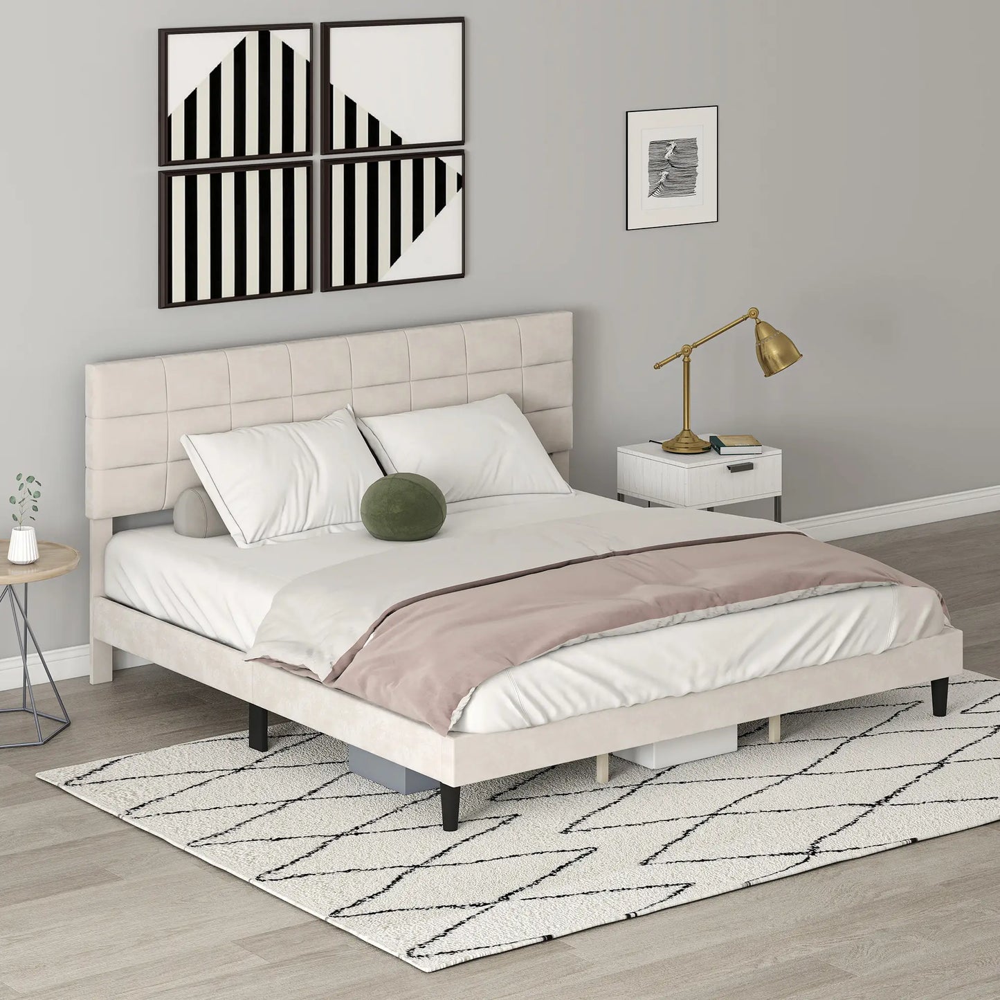 King Size Bed Frame, Upholstered Headboard, Wood Slats, 1100 lbs, Cream Bed Frames at Gallery Canada