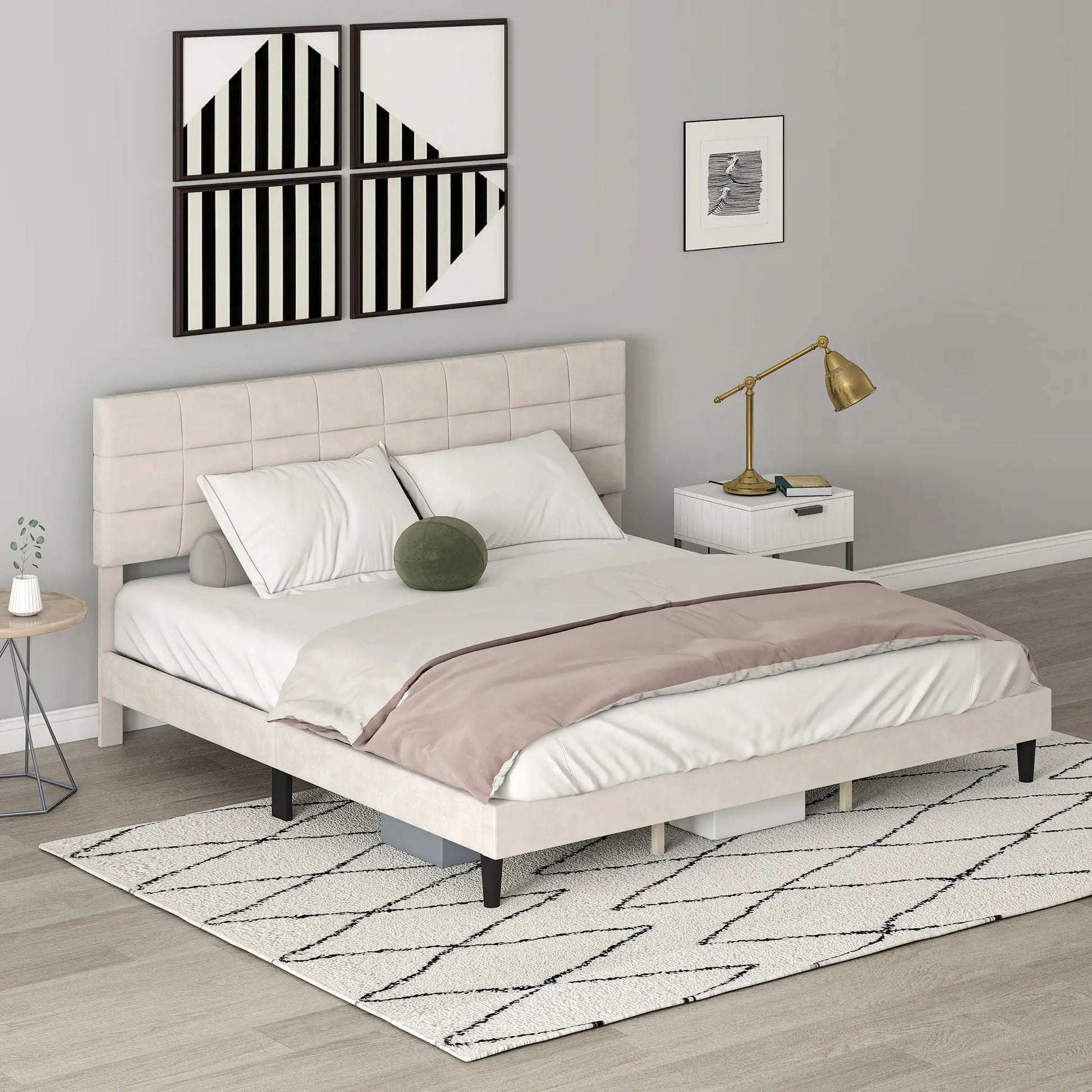 King Size Bed Frame, Upholstered Headboard, Wood Slats, 1100 lbs, Cream Bed Frames at Gallery Canada