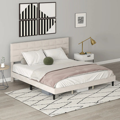 King Size Bed Frame, Upholstered Headboard, Wood Slats, 1100 lbs, Cream Bed Frames at Gallery Canada