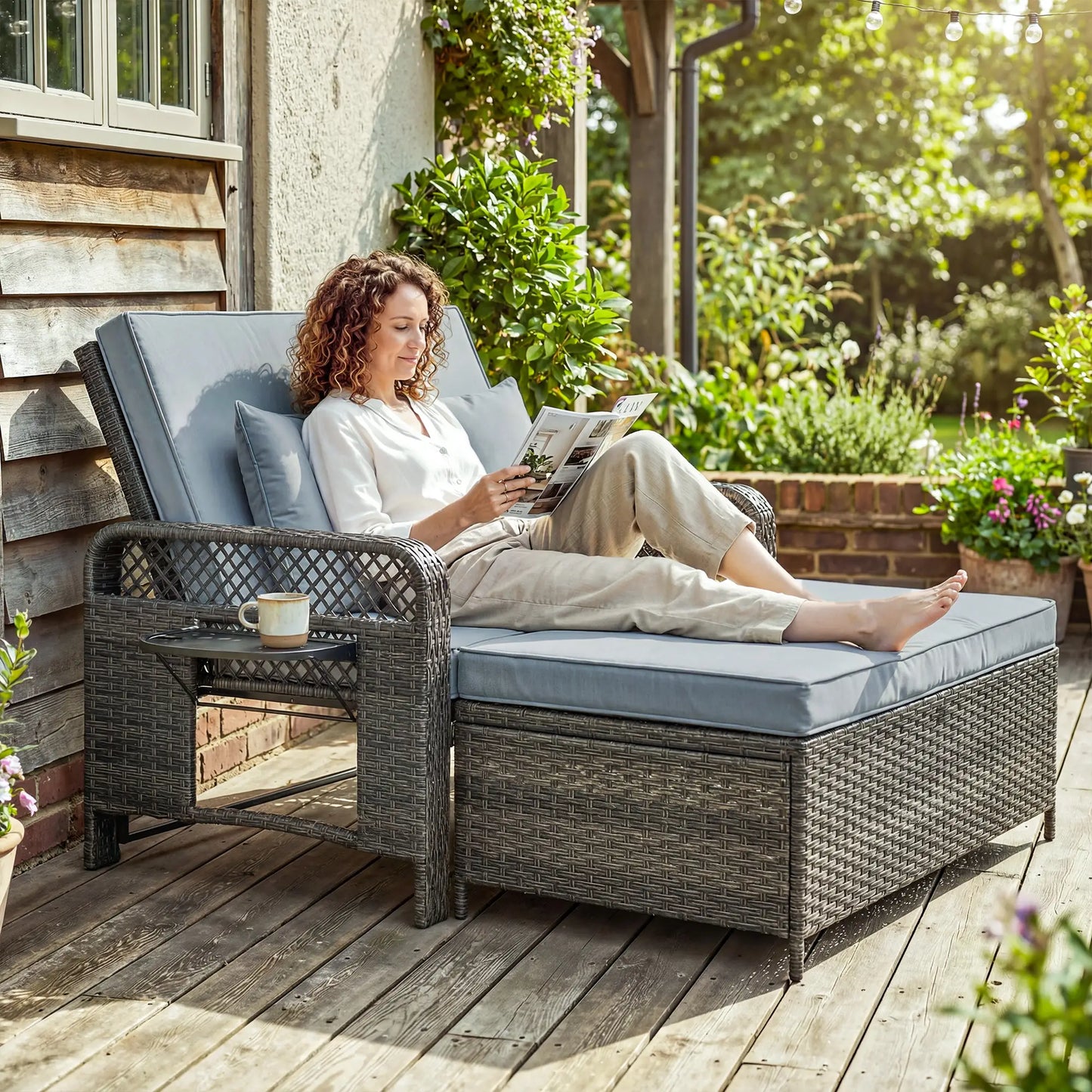 Patio Lounge Chair Set, 2 Pieces With Cushions, Adjustable Backrest, Side Trays Wicker Chaise Loungers at Gallery Canada