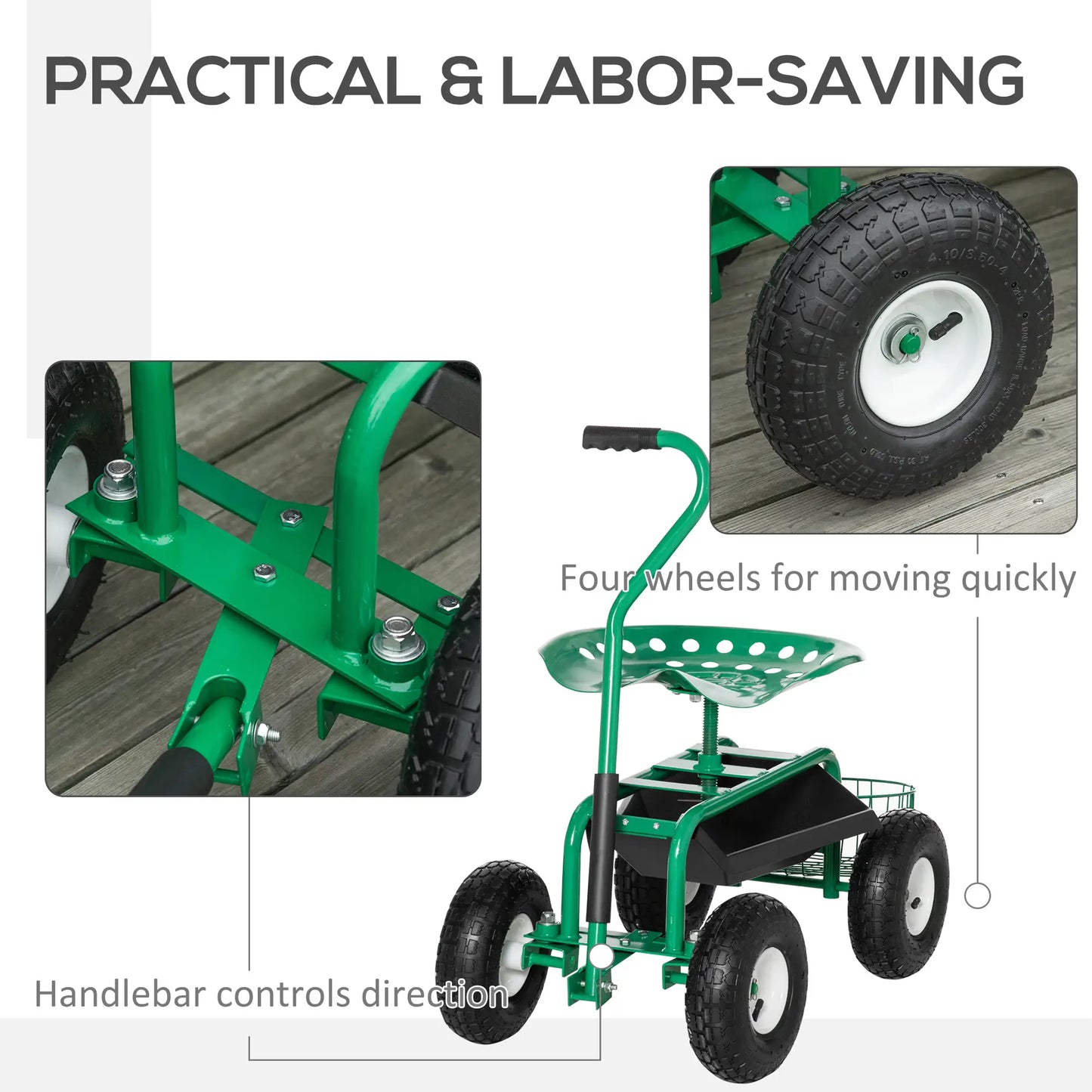 Garden Scooter, Rolling Cart, Adjustable Seat, Tool Tray, Bucket Basket, Green, Black Garden Accessories at Gallery Canada