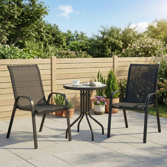 3 Piece Bistro Set, Stackable Mesh Chairs, Glass Table, Black Bistro Sets Black at Gallery Canada