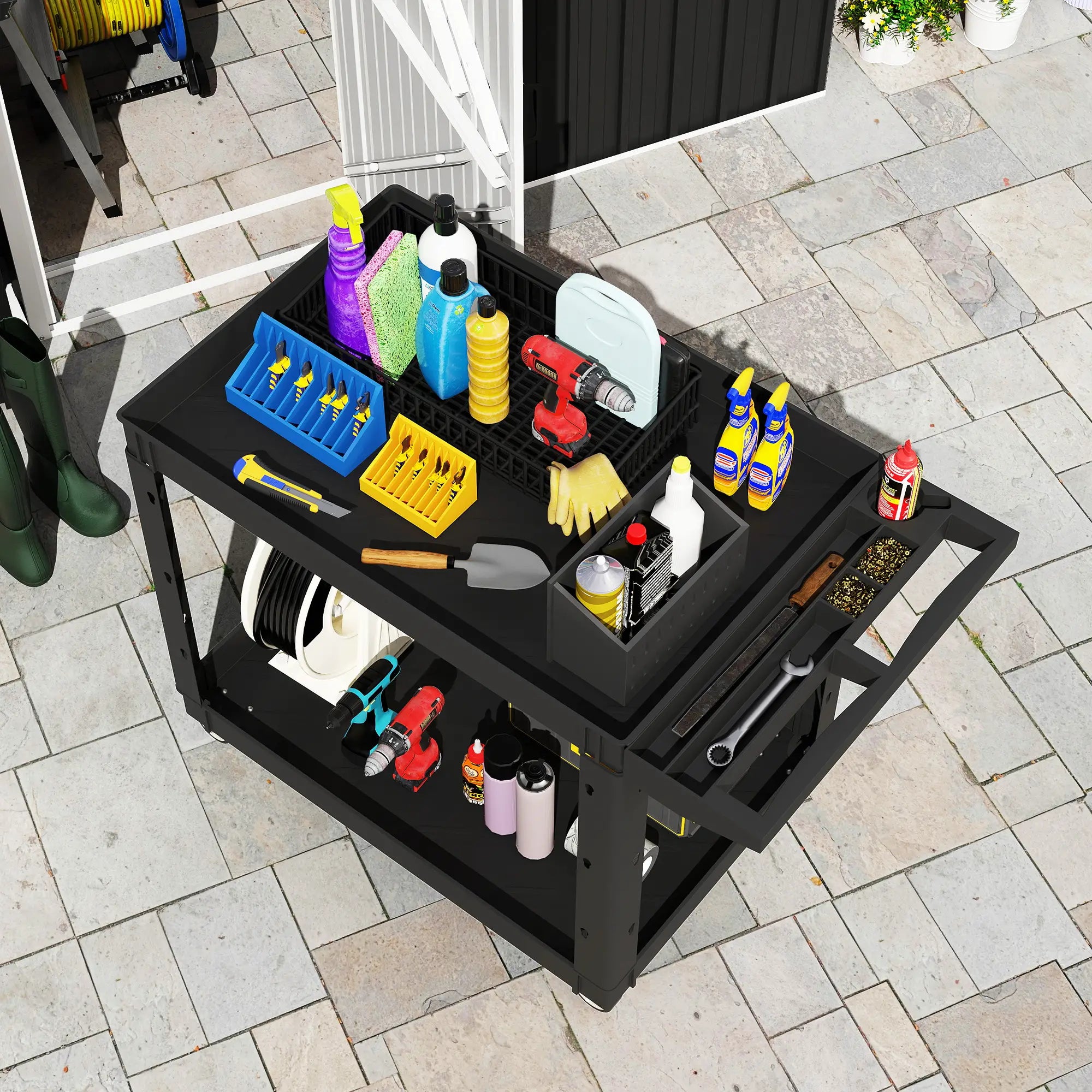 2-Tier Rolling Tool Cart, 500 LBS Capacity Plastic Utility Cart, Black Tool Organizers at Gallery Canada