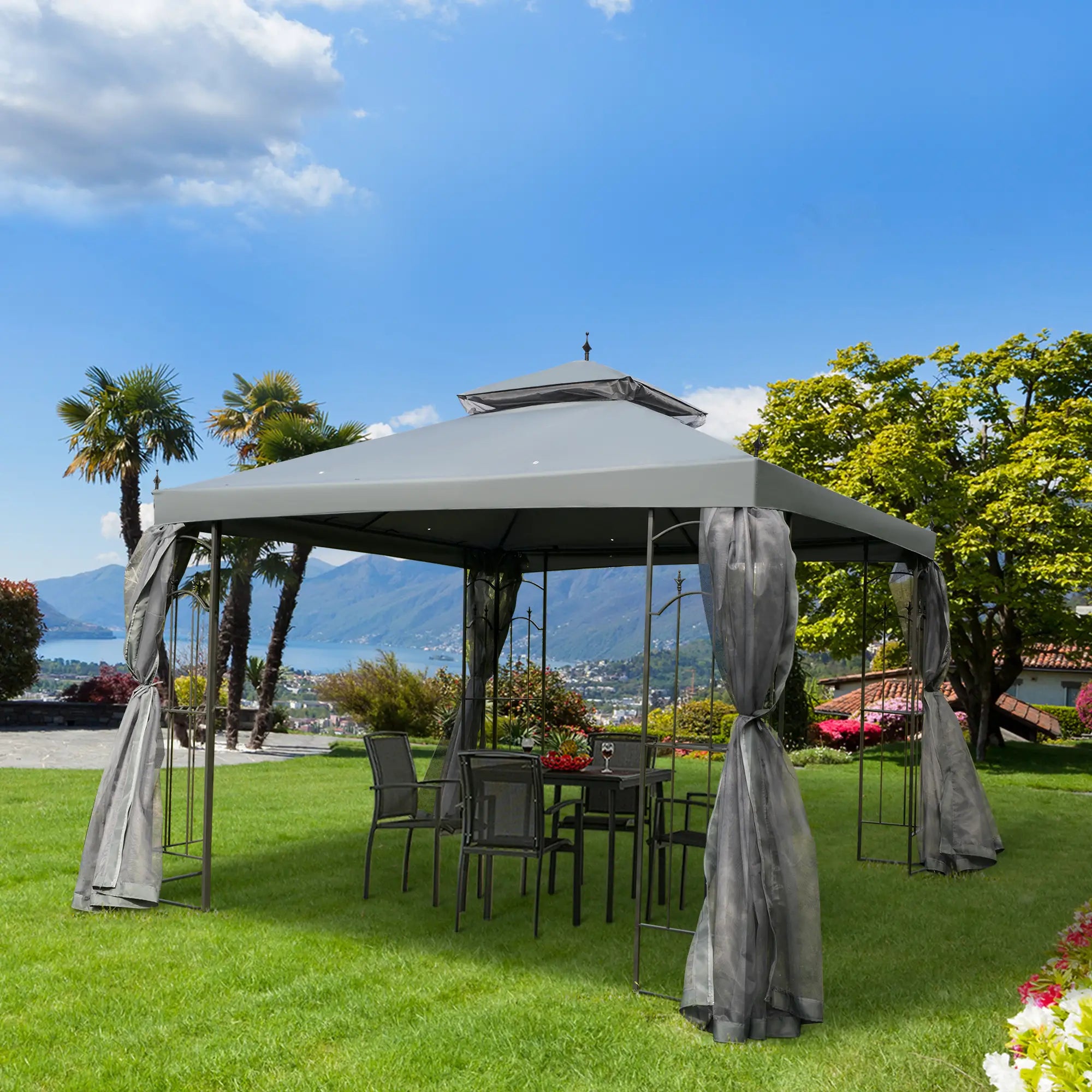 10' x 10' Steel Outdoor Gazebo, Removable Mesh Curtains, Grey Gazebos at Gallery Canada