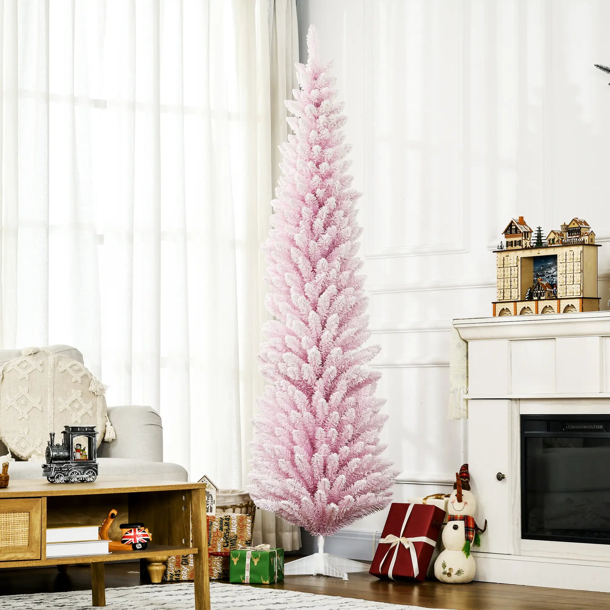 7ft Flocked Pencil Christmas Tree, Realistic Branches, Pink Flocked Christmas Trees at Gallery Canada