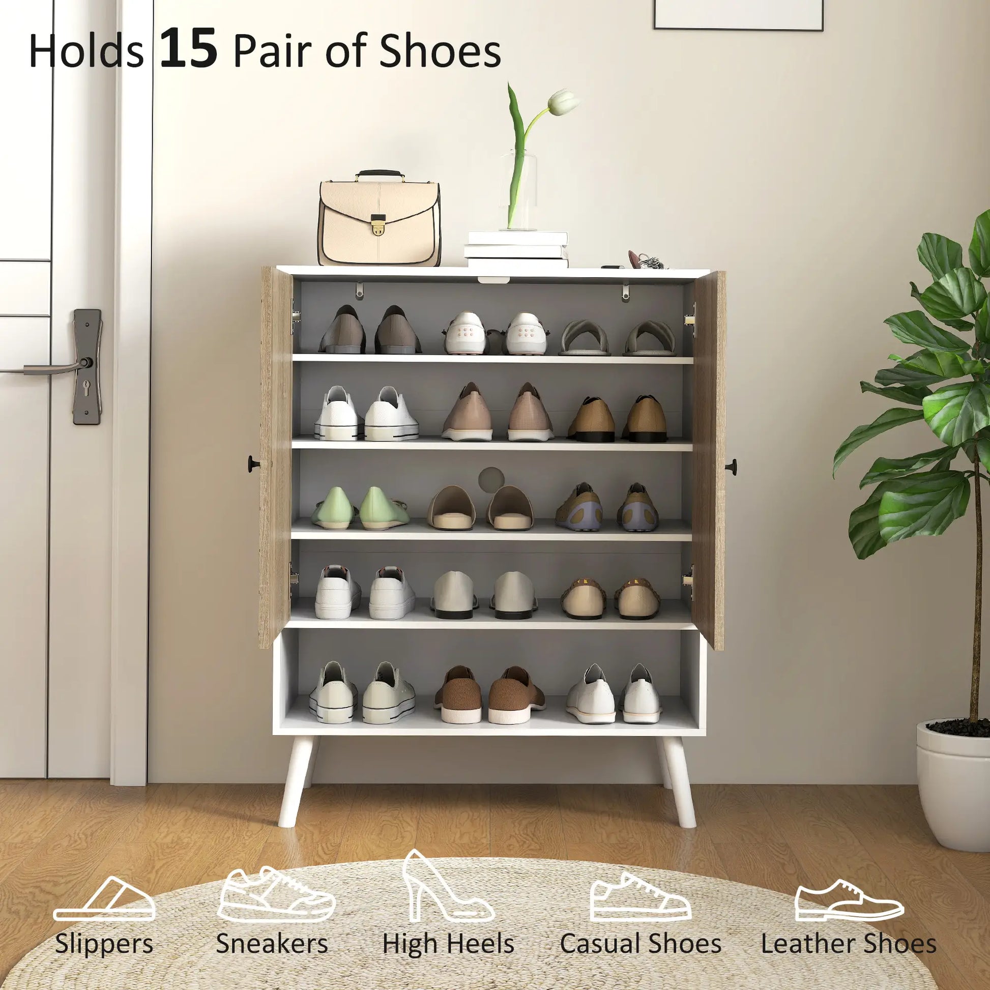 5-Tier Shoe Storage Cabinet With Doors, Adjustable Shelves, 15 Pairs, Natural Tone Shoe Storage Cabinets & Racks at Gallery Canada