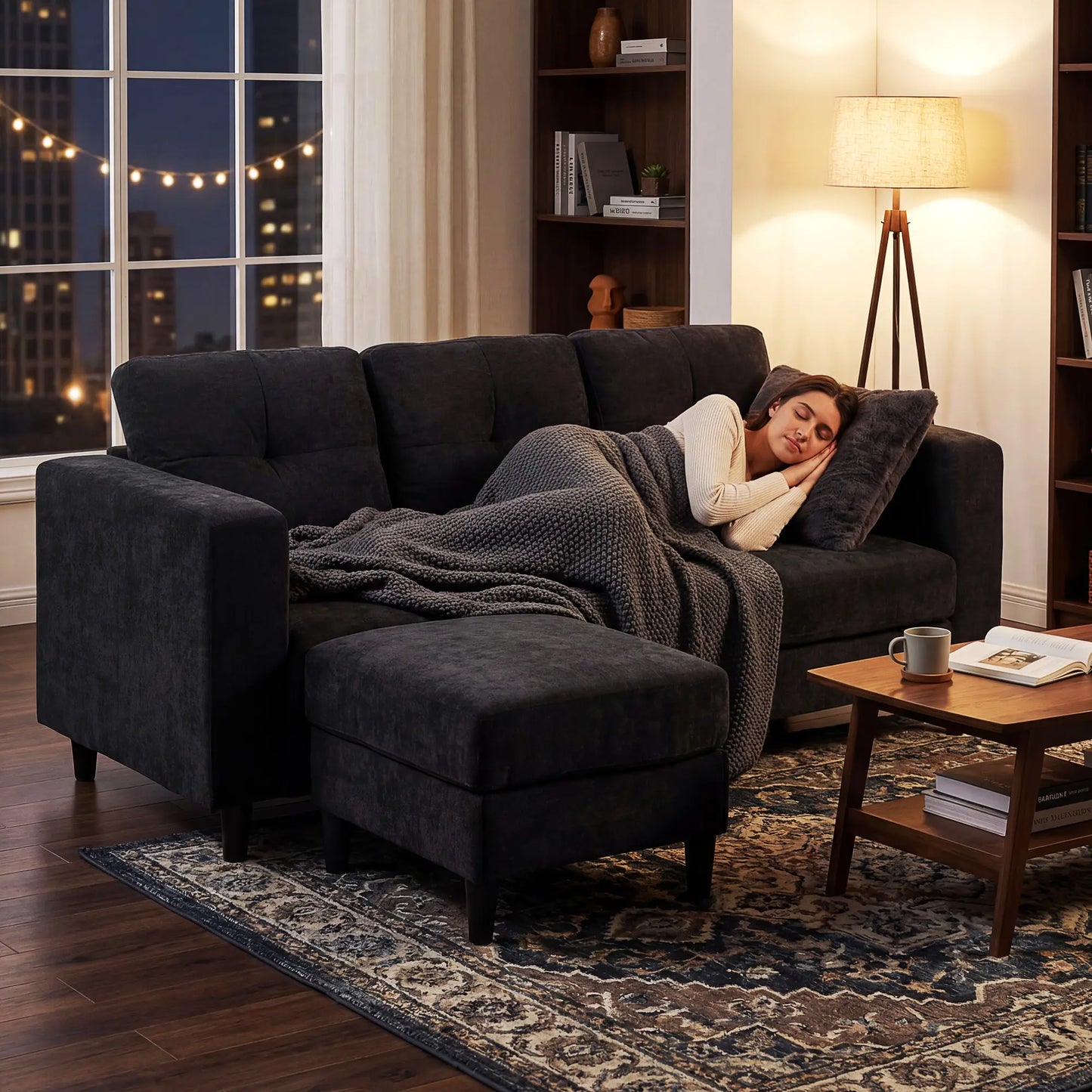 L-Shaped Sectional Sofa, Wooden Legs, Changeable Chaise, Black 3-Seater Sofas at Gallery Canada