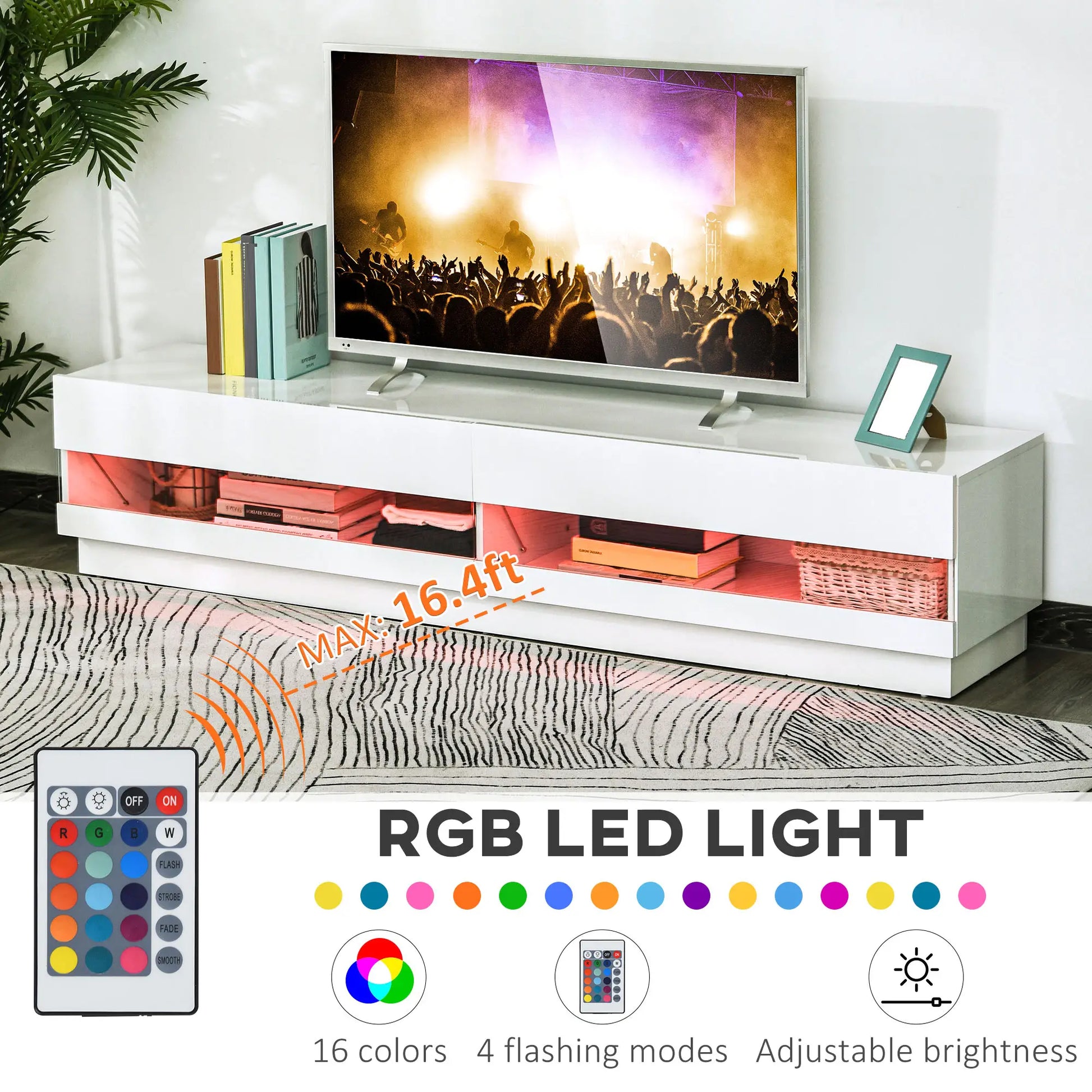 Lighted TV Stand for 75" TVs, Storage Cabinet, High Gloss, White TV Stands at Gallery Canada