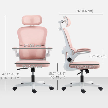 Mesh Office Chair, Ergonomic Desk Chair, Flip-up Armrest, Rotatable Headrest, Adjustable Lumbar Support, Pink Office Chairs at Gallery Canada