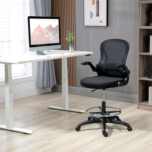 Ergonomic Mesh Standing Desk Chair with Flip-up Armrests Lumbar Support Armrests Adjustable Footrest RingBlack - Gallery Canada