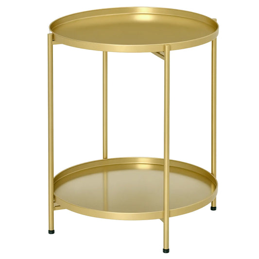 2-Tier Gold Side Table, Round Nightstand, Removable Trays, Folding Metal Frame, Gold Side Tables Gold at Gallery Canada