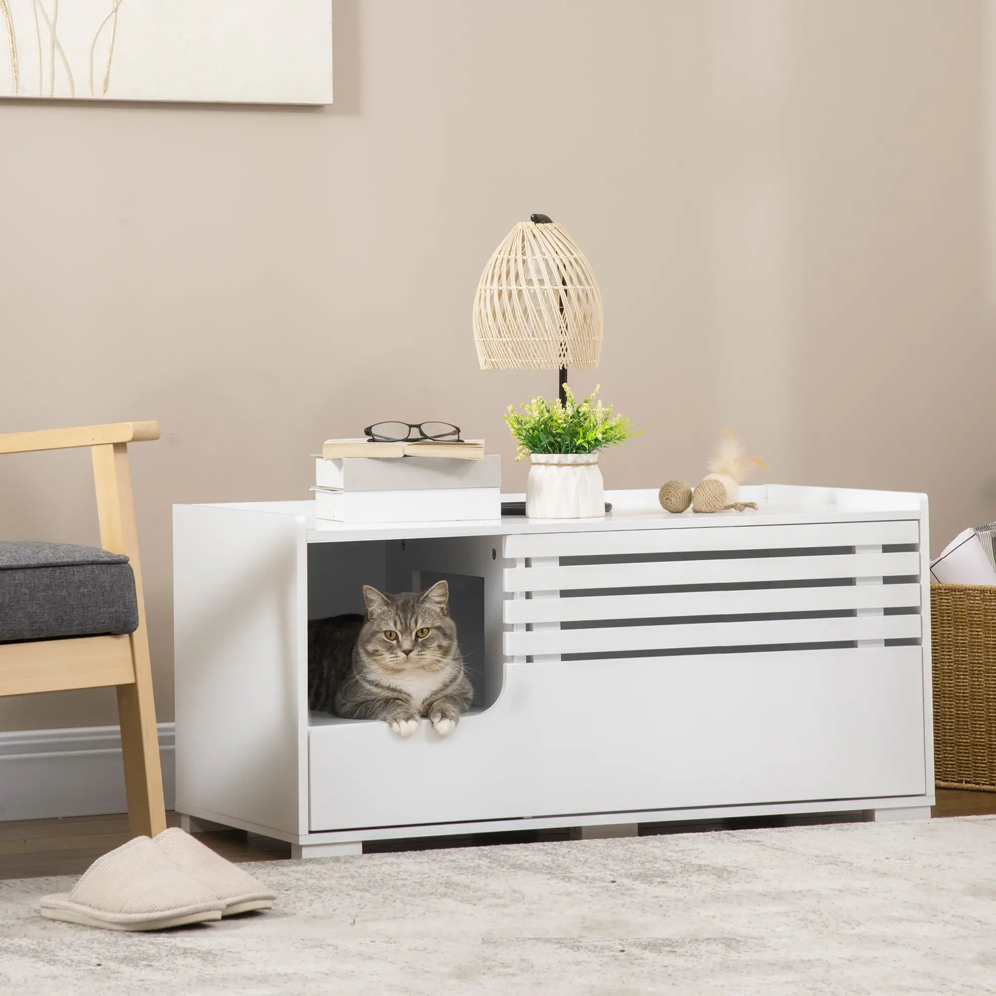 Hidden Cat Litter Box Furniture, With Storage and Side Table, White Cat Litter Box Enclosures at Gallery Canada
