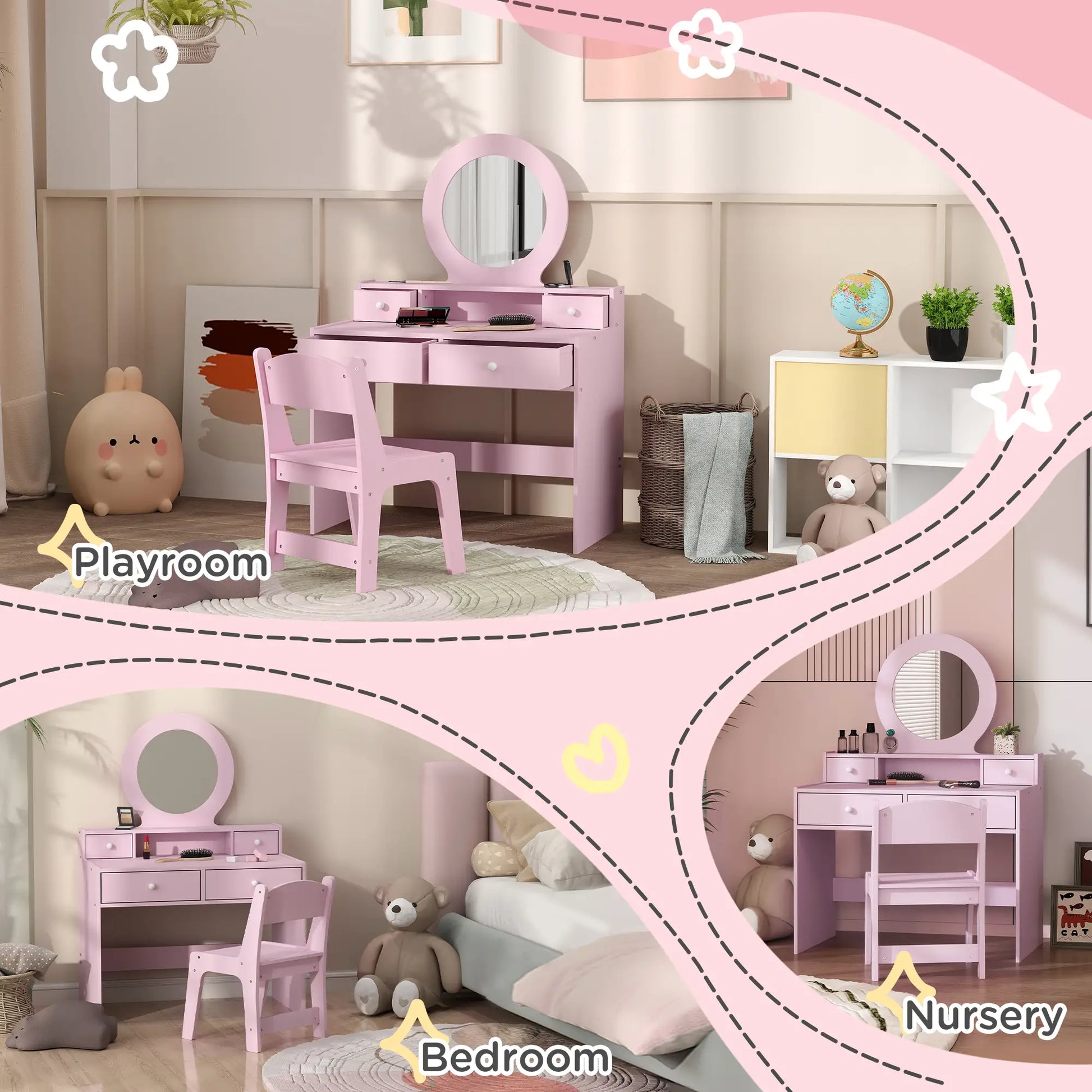 Kids Vanity Set, Makeup Table with Mirror, Stool, Drawers, Ages 3-8, Pink Toy Vanity at Gallery Canada