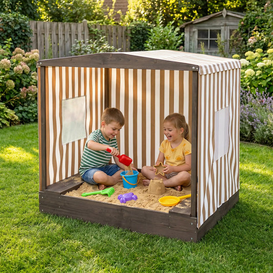 Kids Sandbox with Canopy, Bench Seats, 56" x 40" x 52", Brown Sandboxes & Accessories Brown at Gallery Canada