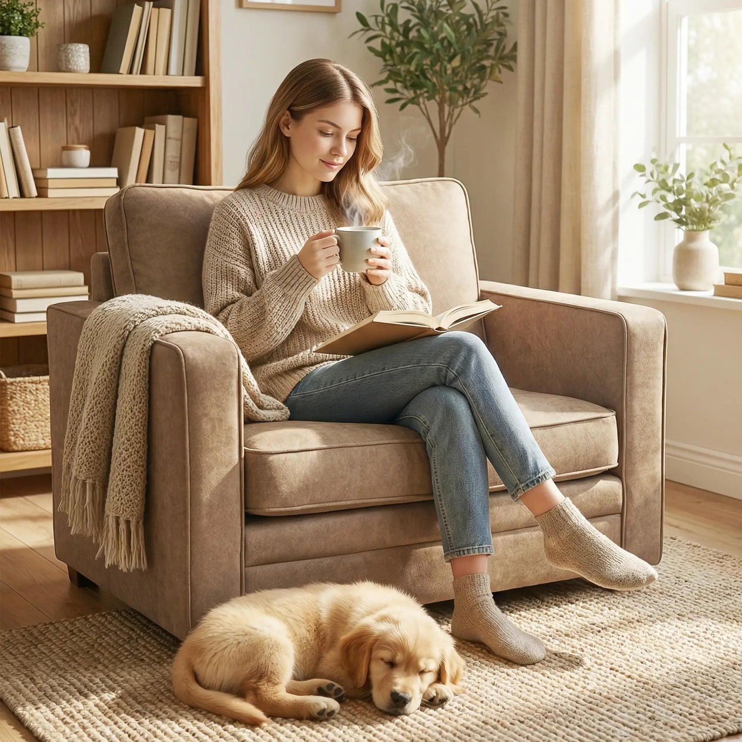 Velvet Fabric Armchair, Wide Seat, Spring Cushion, Solid Wood Legs, Brown Single Sofas at Gallery Canada