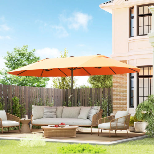 15' Outdoor Patio Umbrella, Twin Canopy Sunshade, Steel Table, Lift Crank, Orange