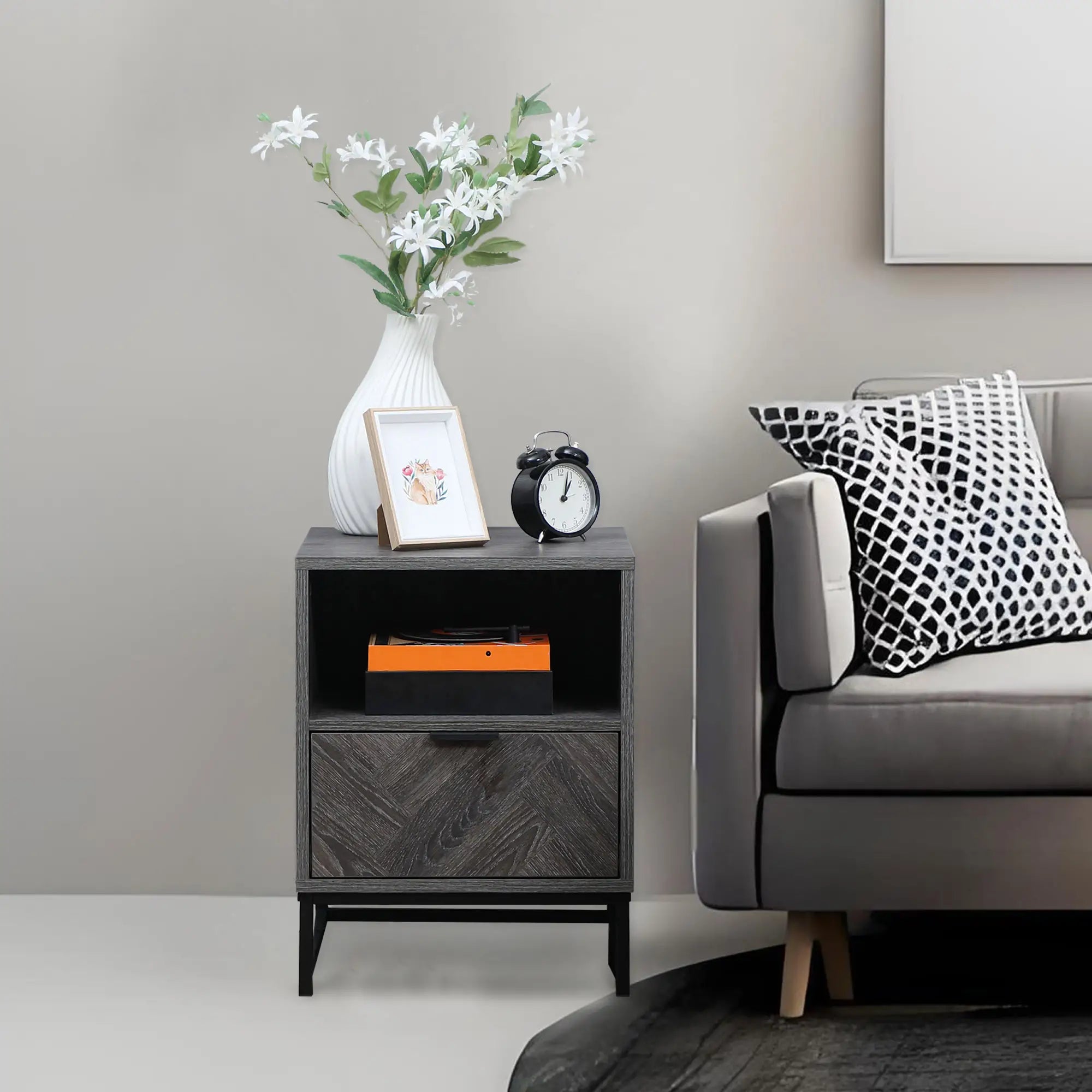 Modern Bedside Table with Drawer, Open Shelf, Dark Grey Bedside Tables at Gallery Canada