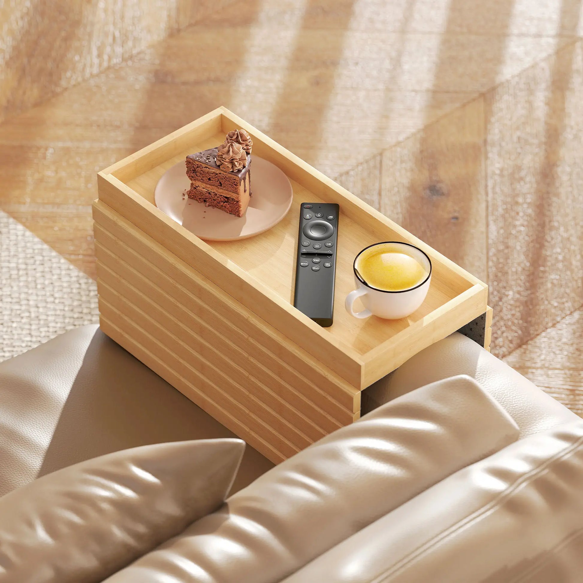 Bamboo Couch Arm Tray, Flexible Roll-up Design, Wide Compartment, Natural Living Room Furniture at Gallery Canada