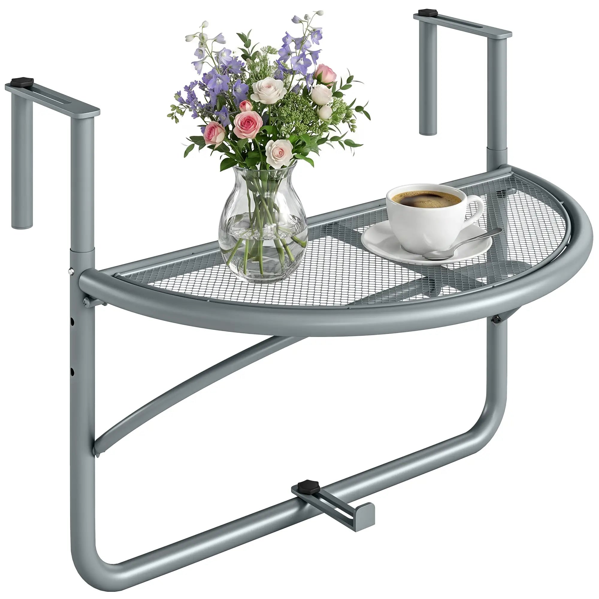 Adjustable Balcony Hanging Table, Metal Wall Desk, Outdoor Flower Stand, Half Round, Grey Balcony Table Hanging Grey at Gallery Canada