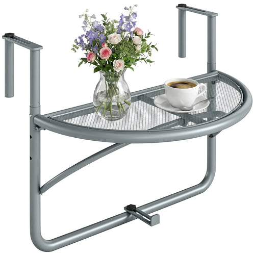 Adjustable Balcony Hanging Table, Metal Wall Desk, Outdoor Flower Stand, Half Round, Grey