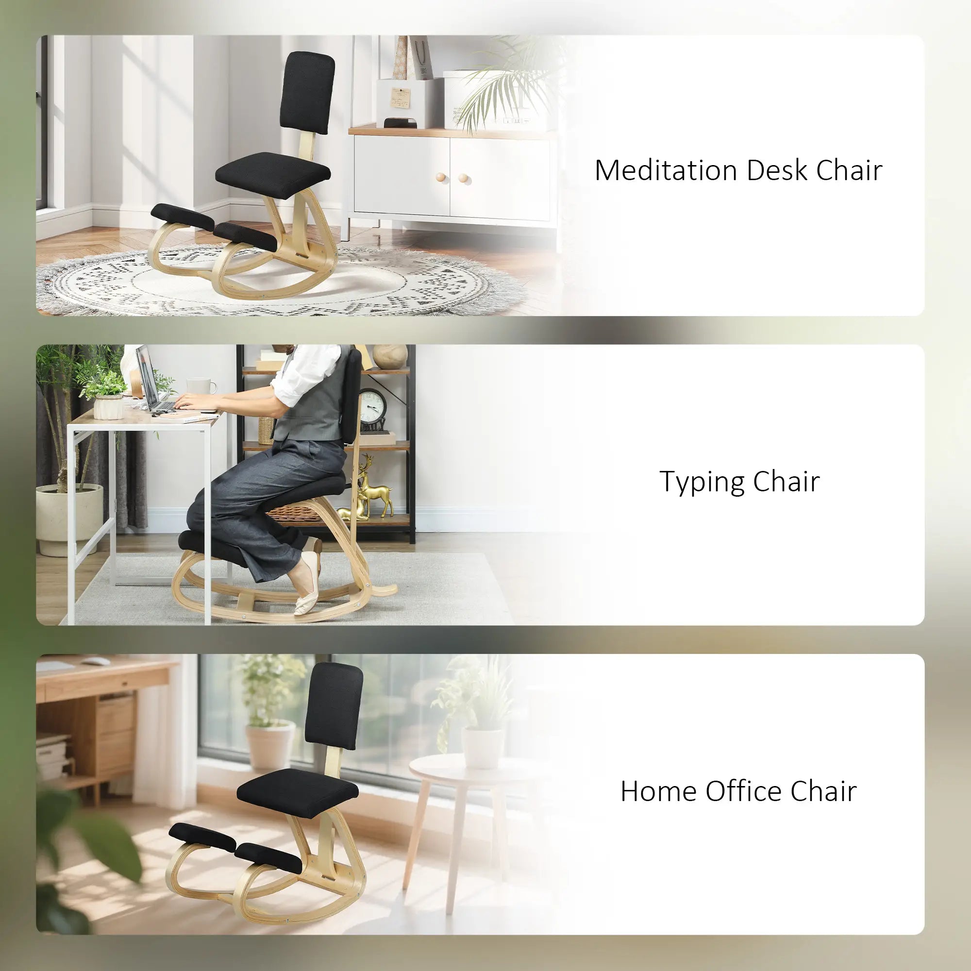 Ergonomic Kneeling Chair, Rocking Wood Stool with Backrest, Black Office Chairs at Gallery Canada