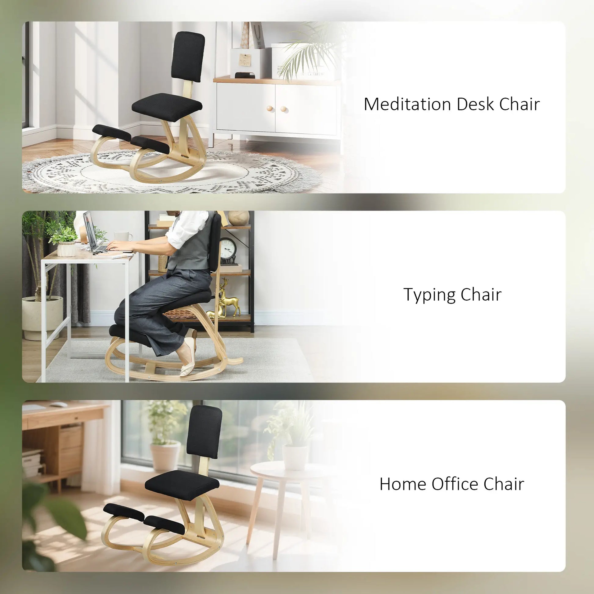 Ergonomic Kneeling Chair, Rocking Wood Stool with Backrest, Black Office Chairs at Gallery Canada