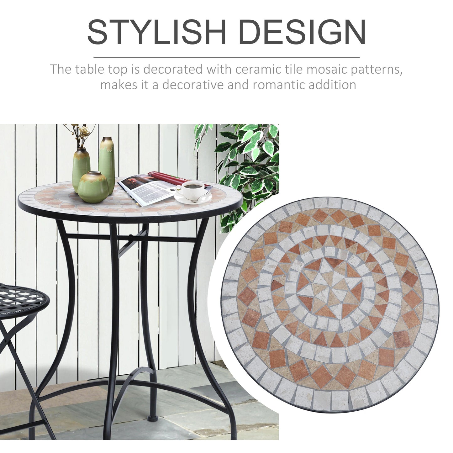 23.5" Round Mosaic Patio Table, Metal Outdoor Coffee Table, Ceramic Top Patio Side Tables at Gallery Canada