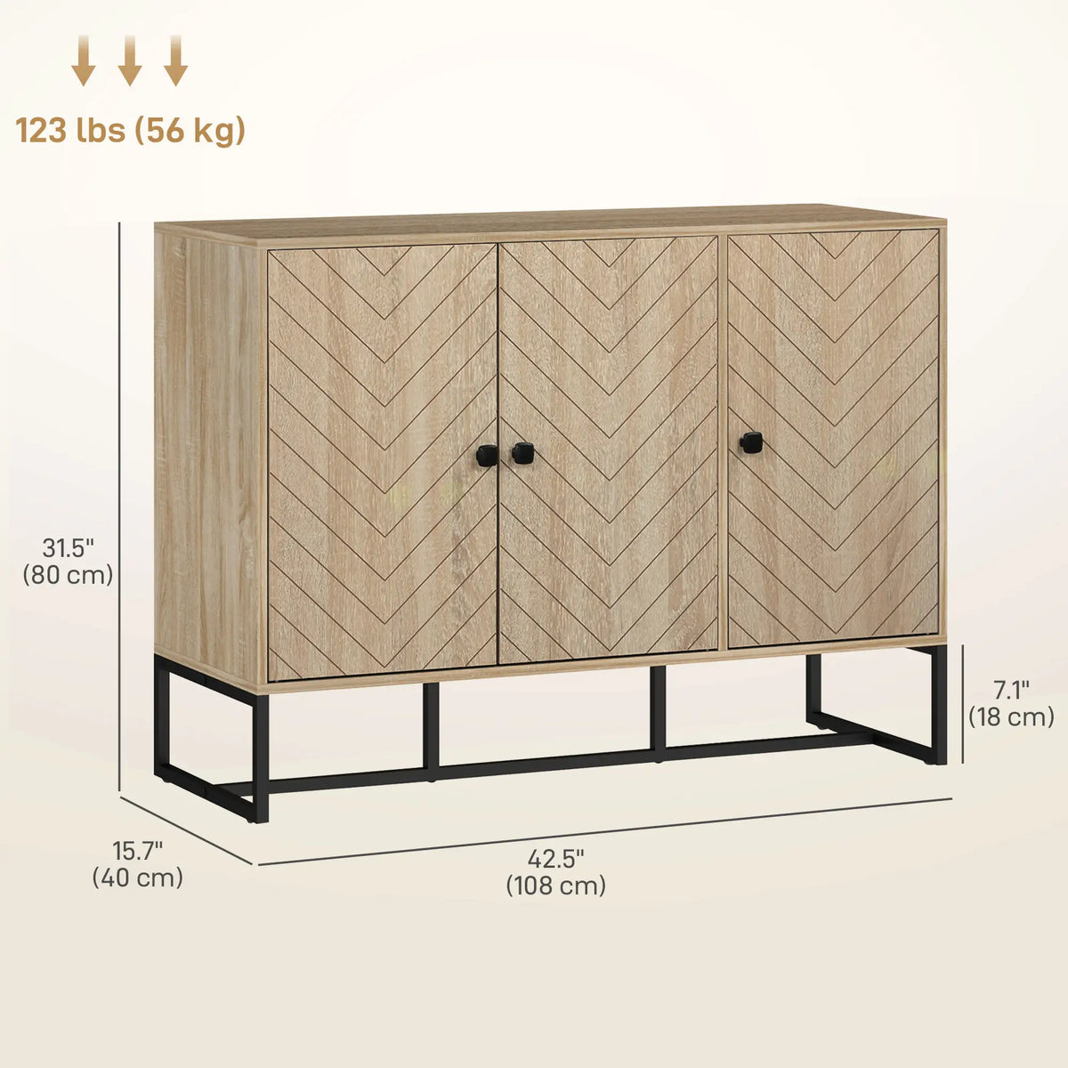 Modern Sideboard, Adjustable Shelves, 3 Chevron Doors, Oak Wood Grain Storage Cabinets at Gallery Canada
