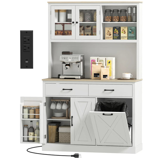 69" Pantry Cabinet With Charging Station, Microwave Stand, Tilt-Out Trash Can, White