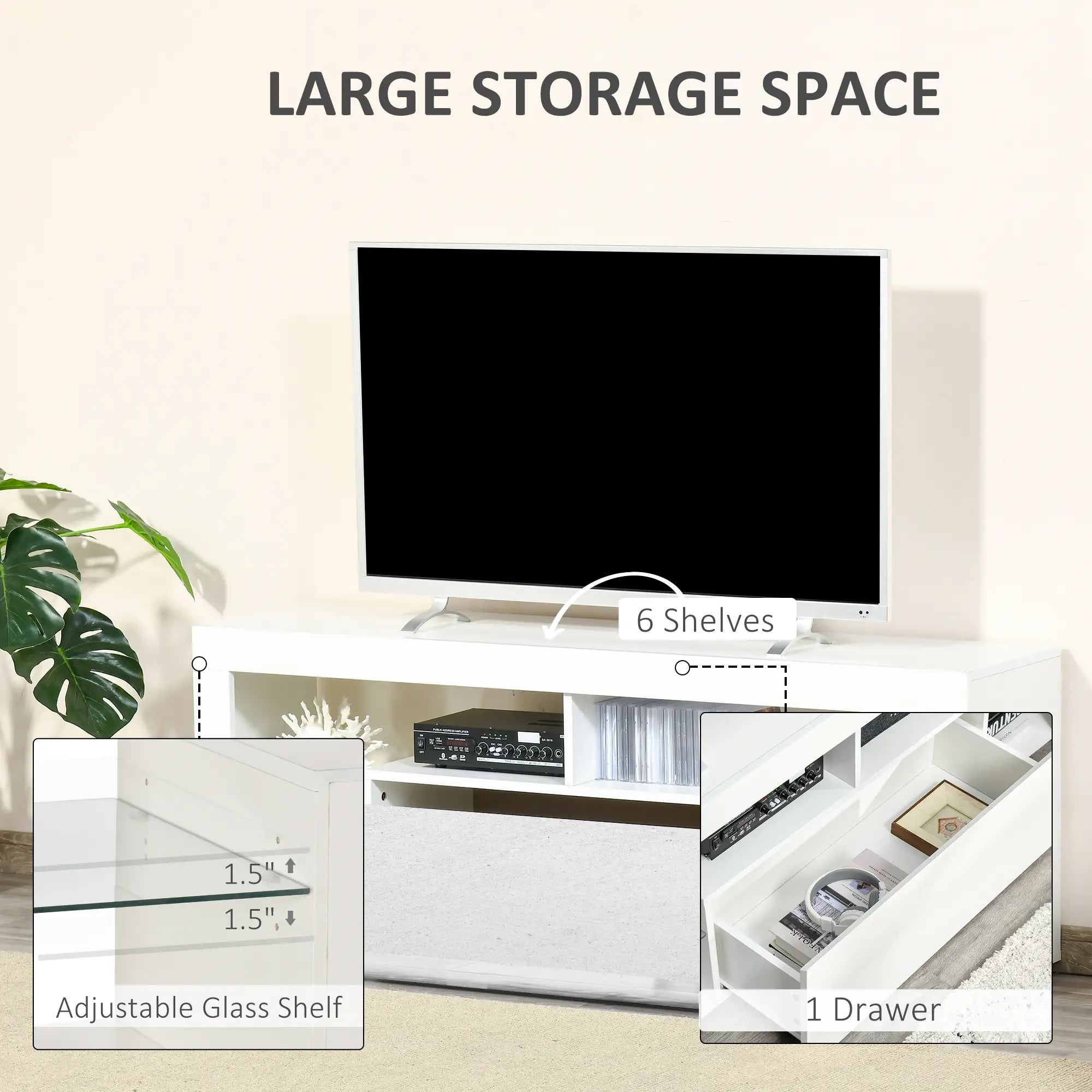 TV Stand for 55-Inch TVs, LED Lights, Remote Control, Storage Drawer, White TV Stands at Gallery Canada