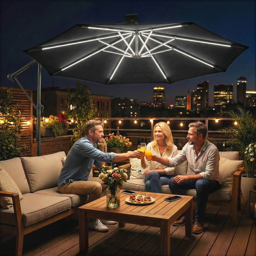 10 ft Offset Patio Umbrella With Solar Light, 360° Rotation, Tilt, Cover, Black