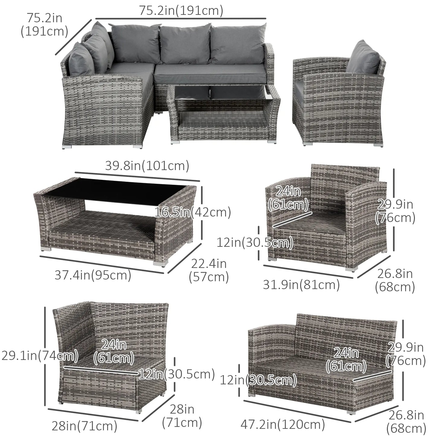 5-Piece Wicker Patio Set, 4" Thick Cushions, Outdoor PE Rattan Sofa, Grey Patio Furniture Sets at Gallery Canada