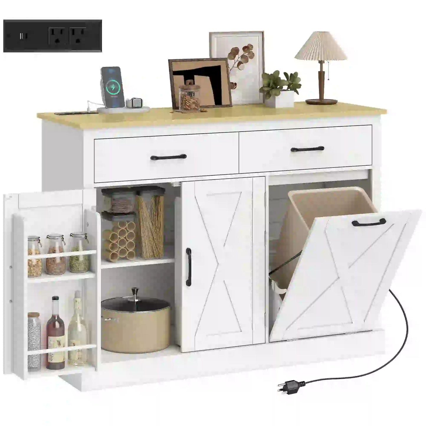 7 Gallon Tilt Out Garbage Cabinet, Kitchen Island With Charging Station, White Bar Cabinets at Gallery Canada