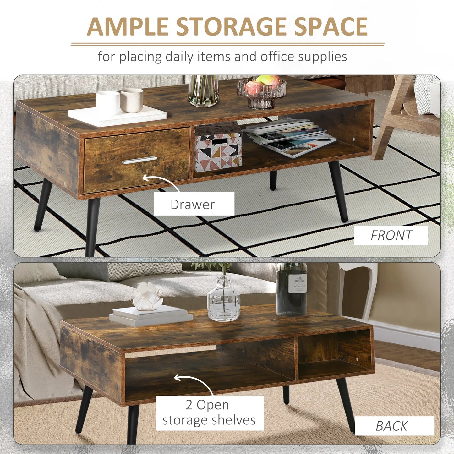 Retro Coffee Table with Storage, Vintage Wooden Side Table, Rustic Brown, Brown Coffee Tables at Gallery Canada