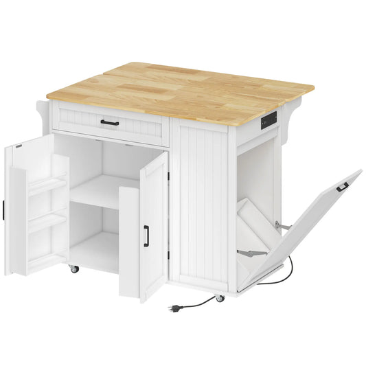 Portable Kitchen Island Cart, Rubber Wood Drop Leaf, Trash Storage, White Kitchen Islands & Kitchen Carts White, Natural at Gallery Canada