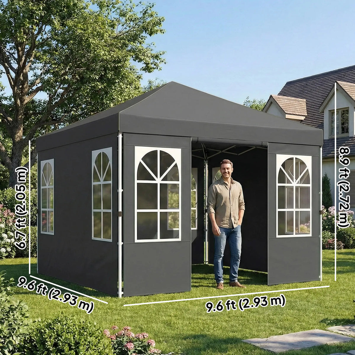 9.6 x 9.6 ft Pop Up Canopy Tent With 4 Sidewalls, UPF 50+, Dark Grey Pop Up Canopies at Gallery Canada