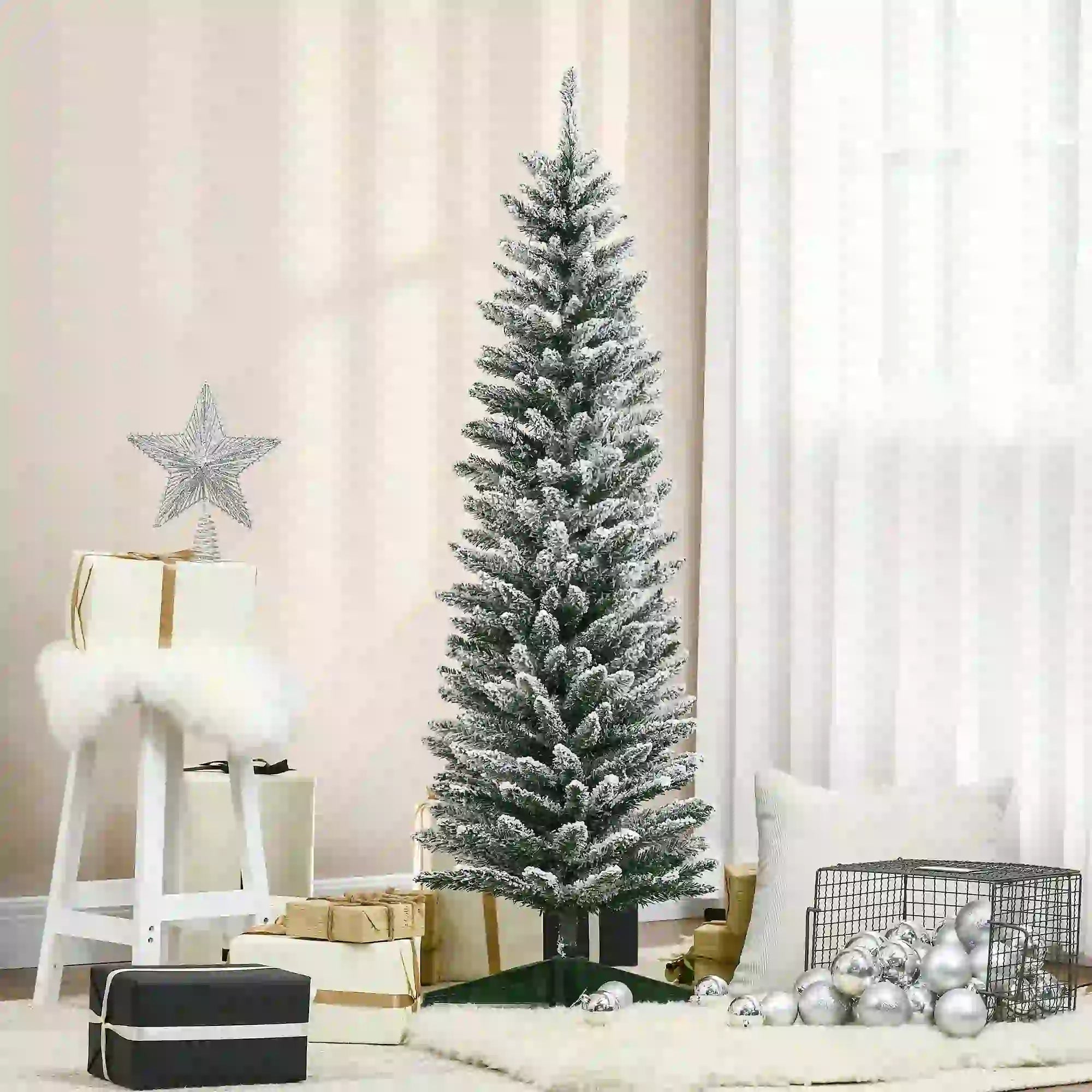 5ft Pencil Artificial Christmas Tree, Snow Flocked Branches, Green Artificial Christmas Trees at Gallery Canada