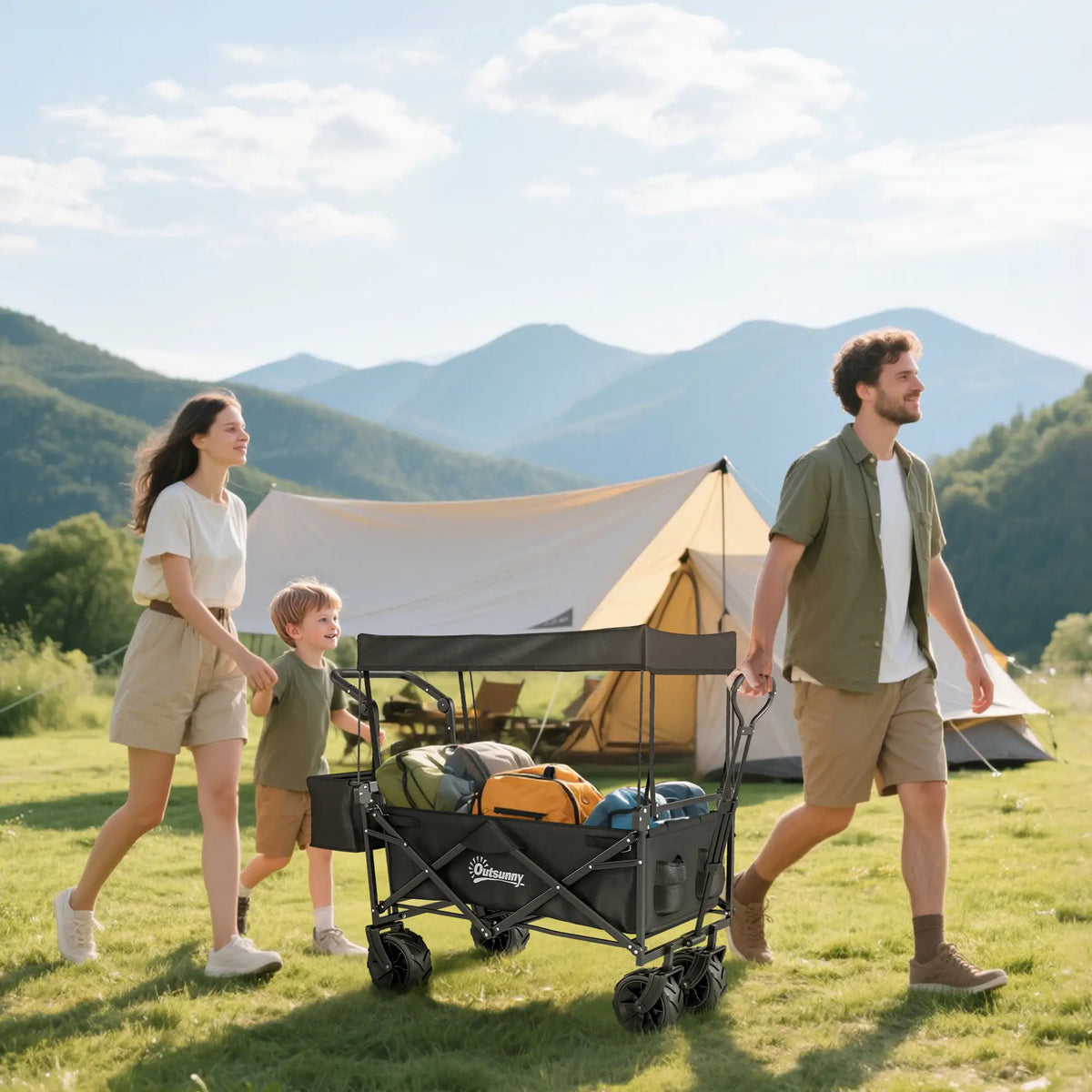 80L Folding Wagon Cart, Heavy-Duty Collapsible, Adjustable Handle, Black Folding Garden Carts at Gallery Canada