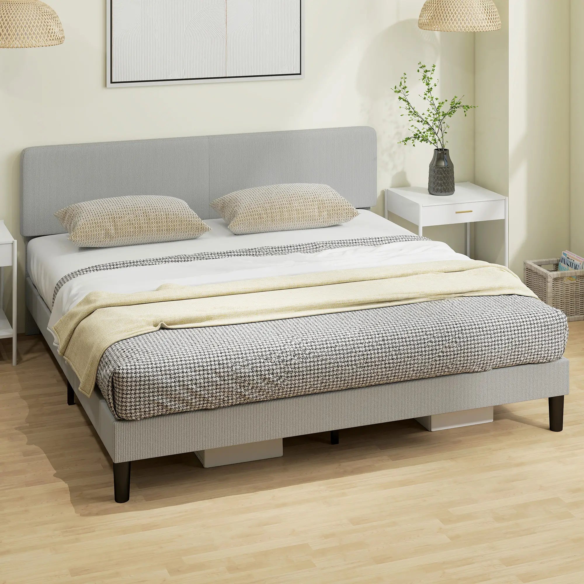King Size Bed Frame, Adjustable Upholstered Headboard, Wood Slat Support, Light Grey Bed Frames at Gallery Canada