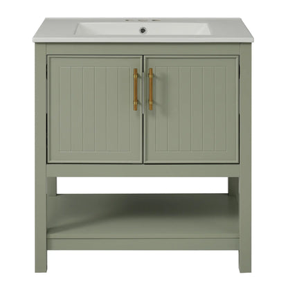 Bathroom Vanity with Ceramic Sink, Soft Close Doors, 30" L x 18.5" W x 34" H, Green+White Sink Cabinets Green, White at Gallery Canada