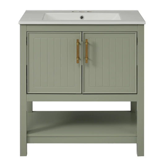 Bathroom Vanity with Ceramic Sink, Soft Close Doors, 30" L x 18.5" W x 34" H, Green+White Sink Cabinets Green, White at Gallery Canada