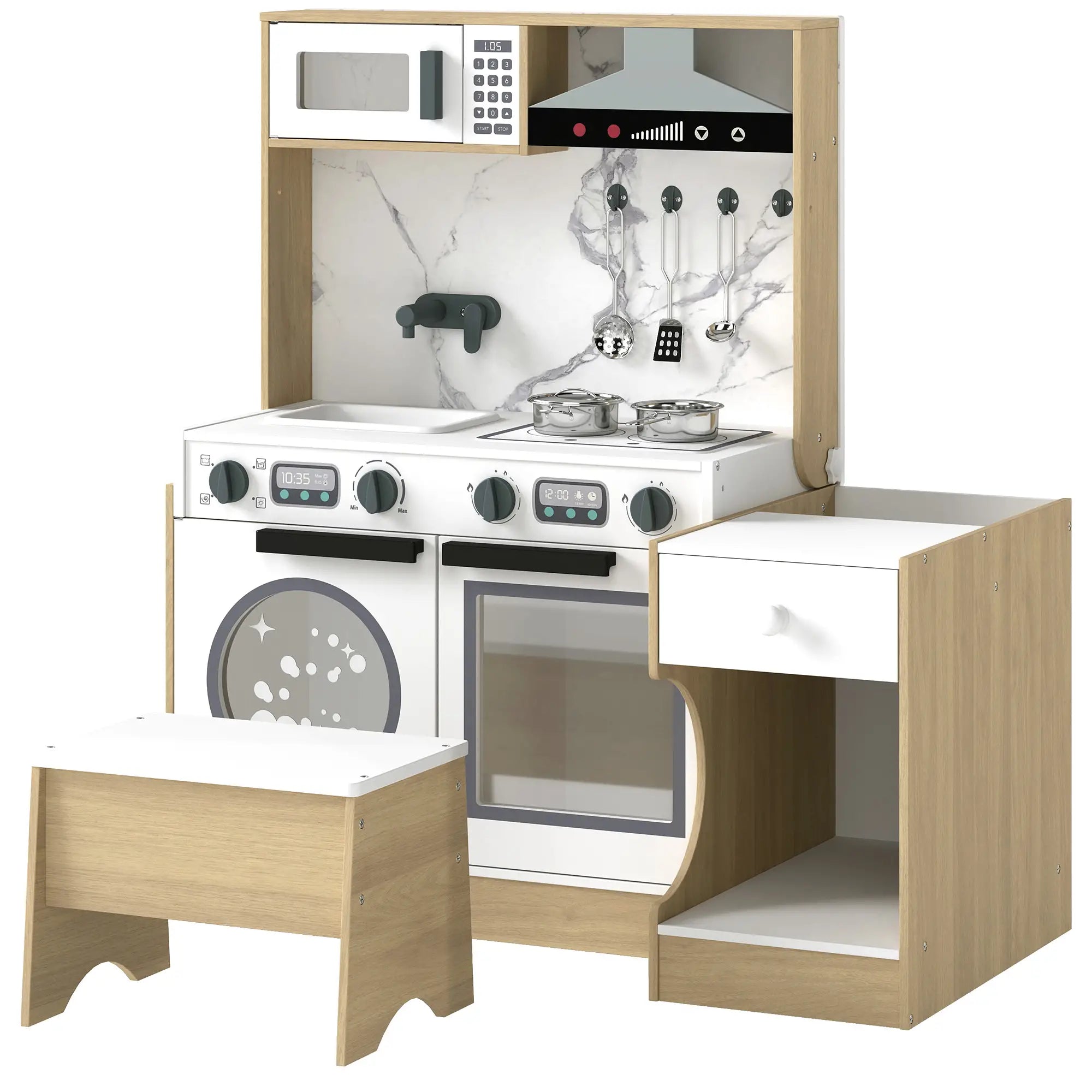 2-In-1 Kids Kitchen Playset, Table & Chair with Sink, Oven, Microwave, 3-8 Play Kitchen Wood Grain, Silver, Grey, Black, White at Gallery Canada