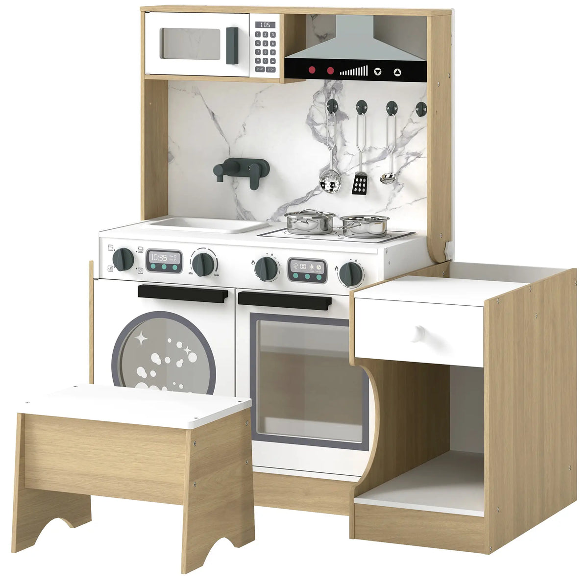 2-In-1 Kids Kitchen Playset, Table & Chair with Sink, Oven, Microwave, 3-8 Play Kitchen Wood Grain, Silver, Grey, Black, White at Gallery Canada